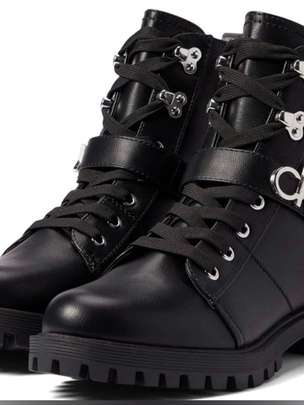 Calvin Klein Black Lace-Up Combat Moto Boots with Buckle